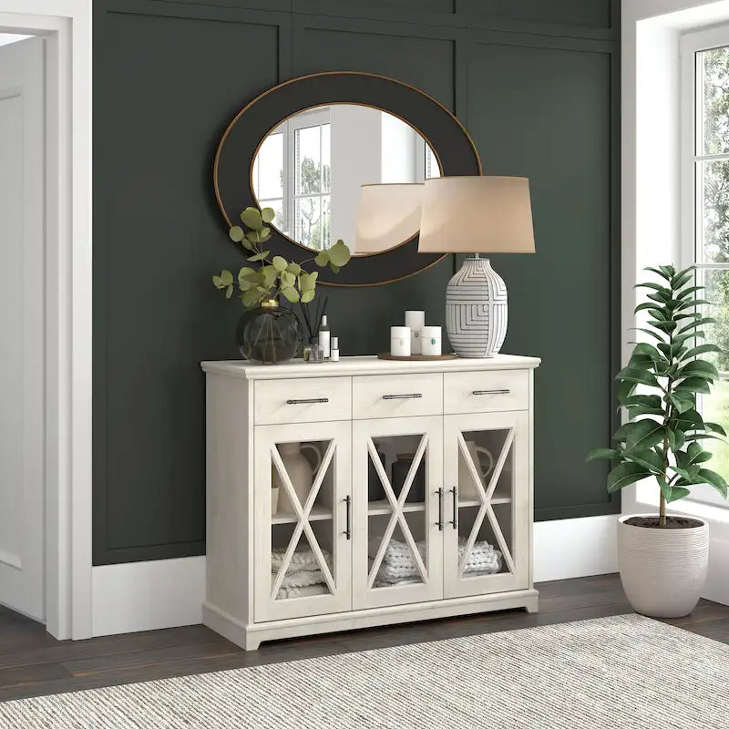 Buffet bahut de 117 cm avec portes vitrées — chêne blanc lin