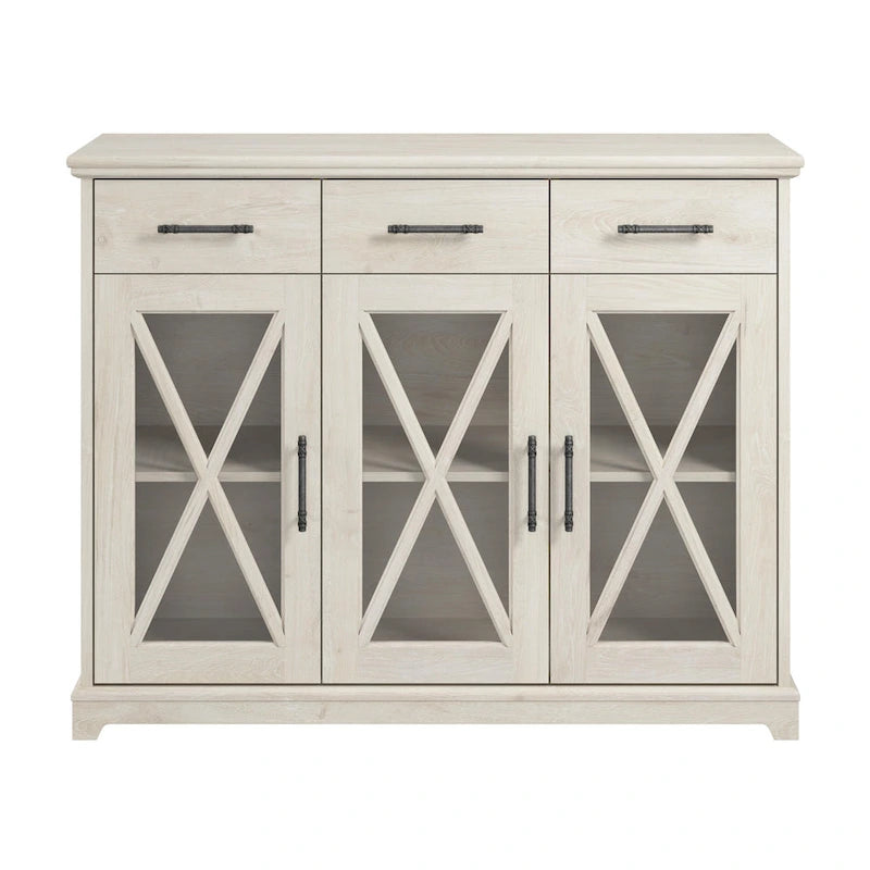 Buffet bahut de 117 cm avec portes vitrées — chêne blanc lin