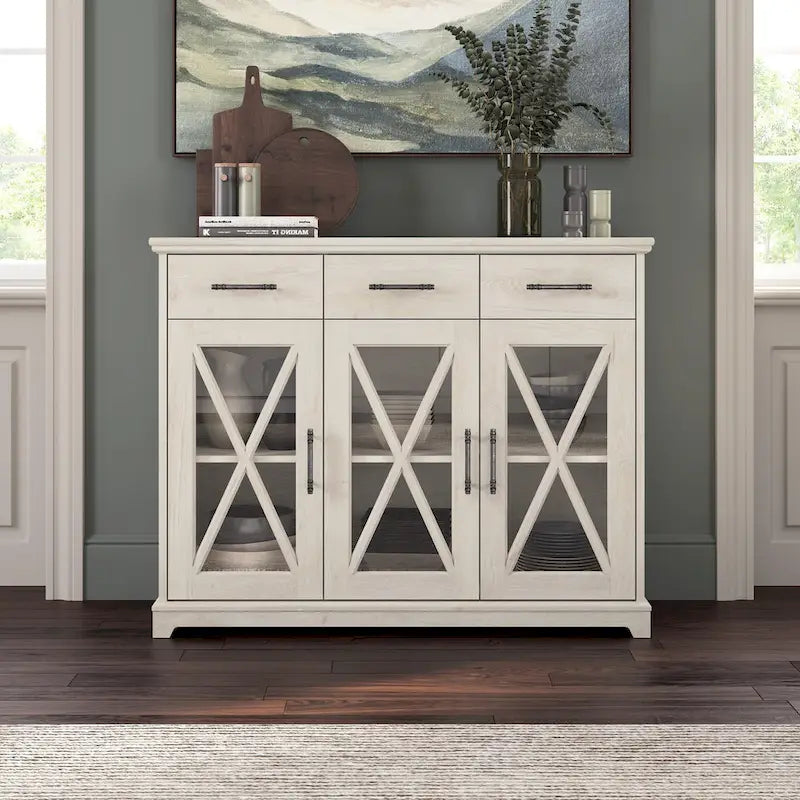 Buffet bahut de 117 cm avec portes vitrées — chêne blanc lin
