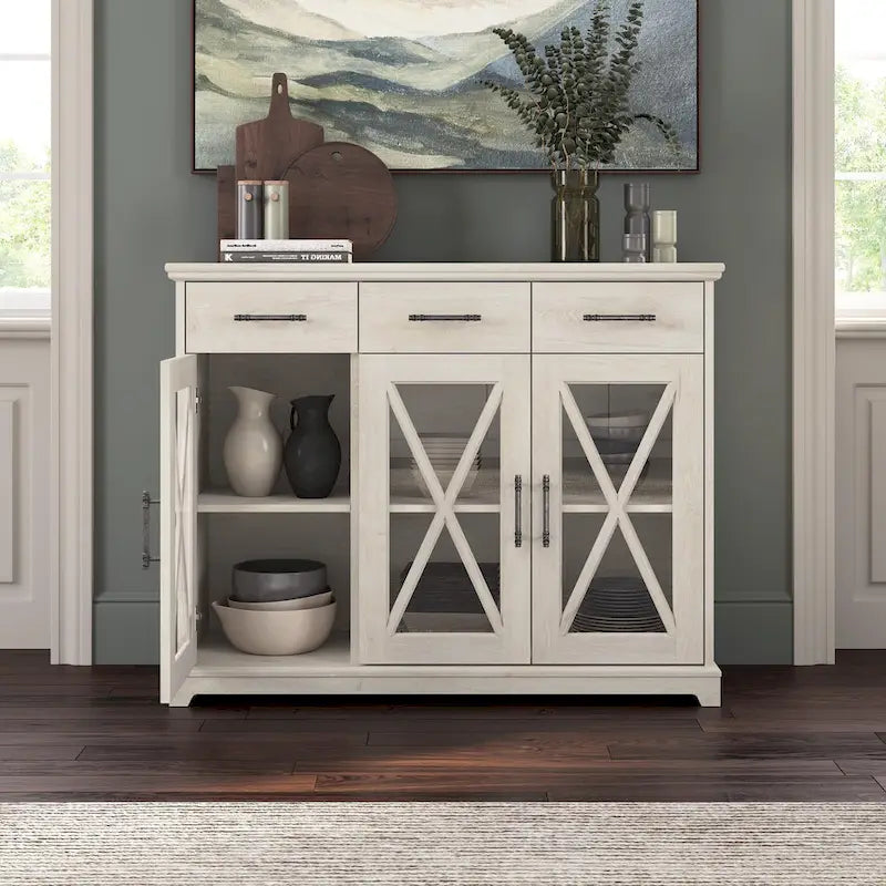 Buffet bahut de 117 cm avec portes vitrées — chêne blanc lin