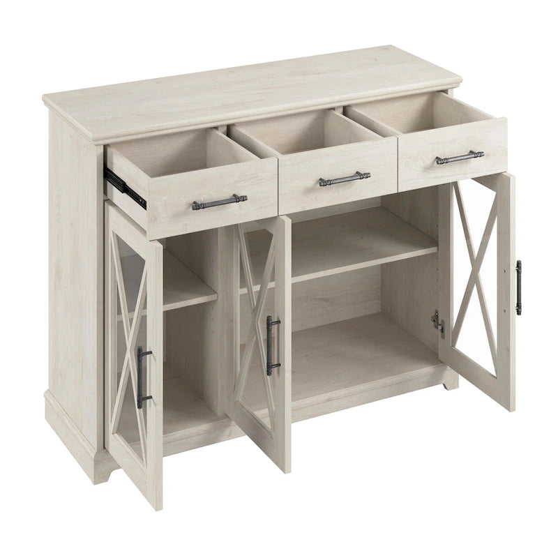 Buffet bahut de 117 cm avec portes vitrées — chêne blanc lin