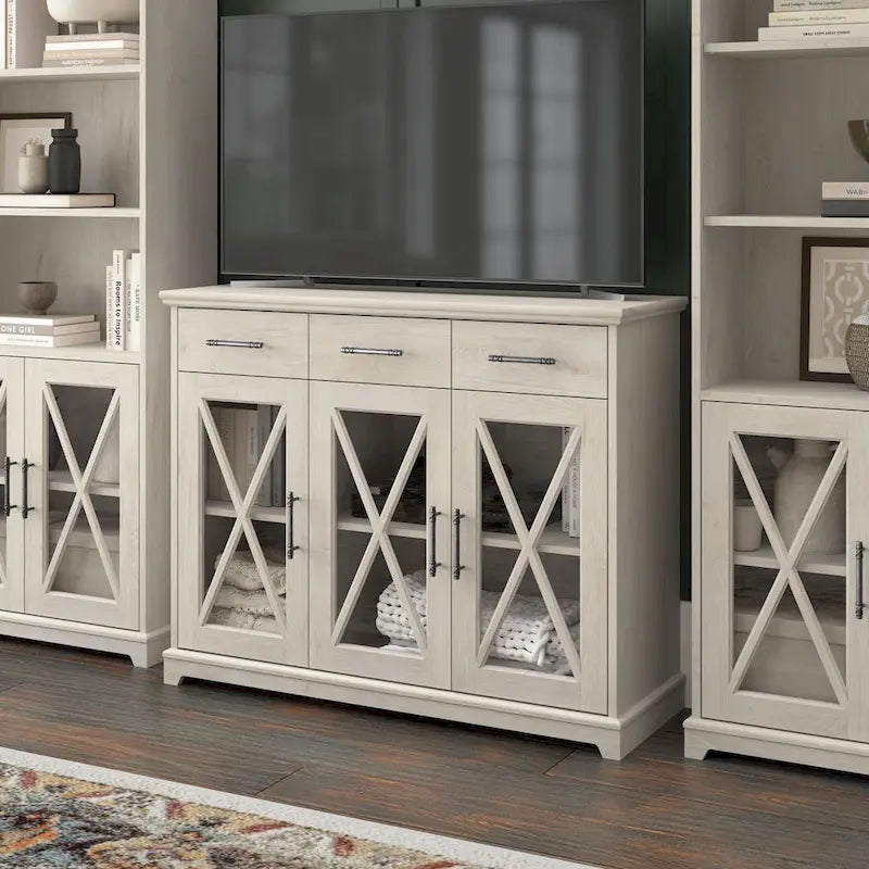 Buffet bahut de 117 cm avec portes vitrées — chêne blanc lin