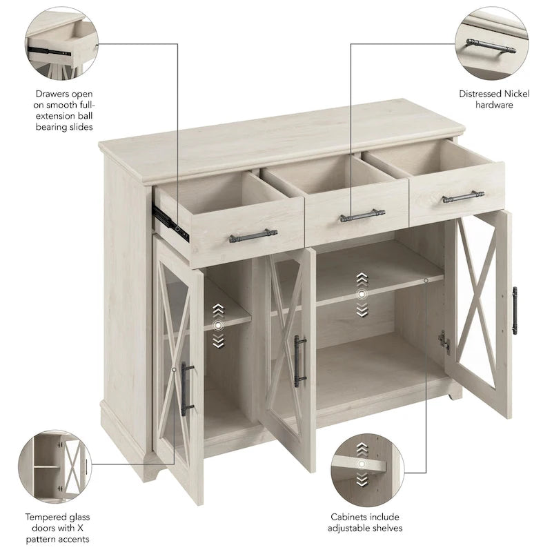 Buffet bahut de 117 cm avec portes vitrées — chêne blanc lin