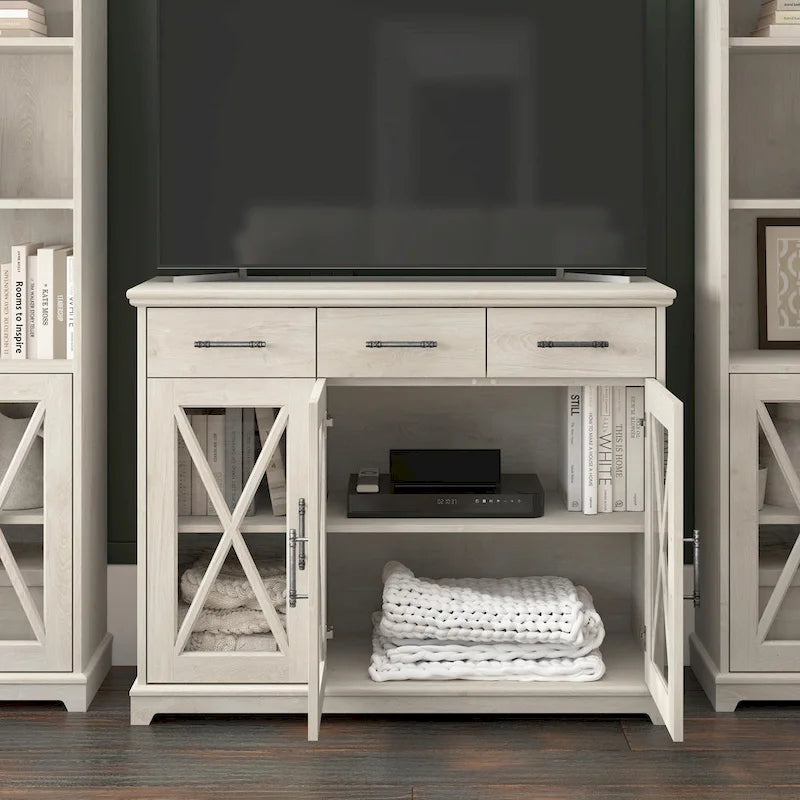 Buffet bahut de 117 cm avec portes vitrées — chêne blanc lin