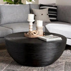 Table basse en rotin naturel laminé - Design tambour rond pour salon