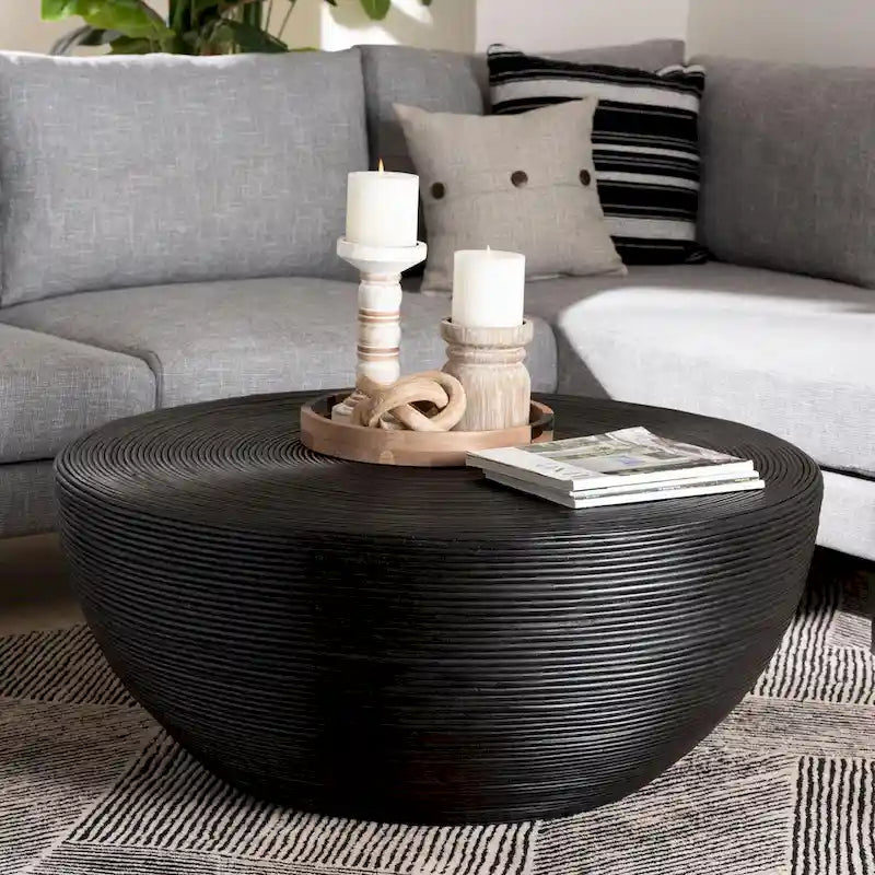 Table basse en rotin naturel laminé - Design tambour rond pour salon