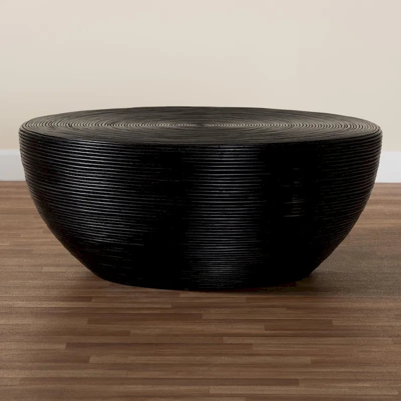 Table basse en rotin naturel laminé - Design tambour rond pour salon