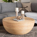Table basse en rotin naturel laminé - Design tambour rond pour salon