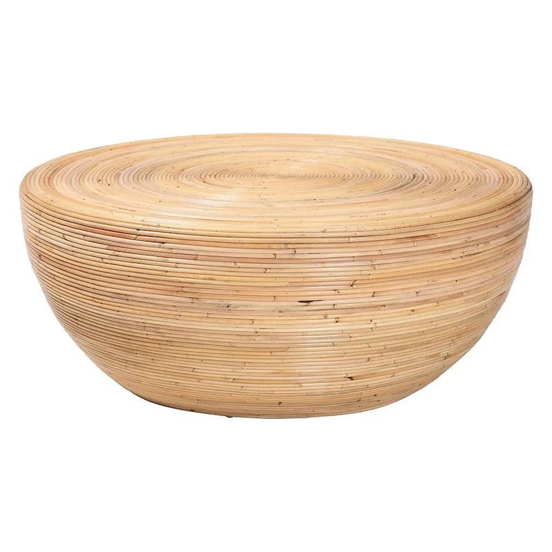 Table basse en rotin naturel laminé - Design tambour rond pour salon