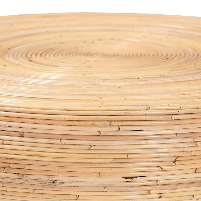 Table basse en rotin naturel laminé - Design tambour rond pour salon