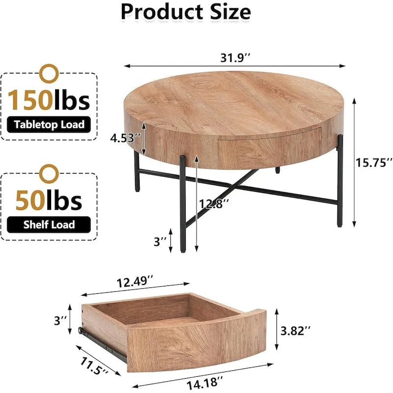 Table basse ronde avec 2 tiroirs et pieds en métal