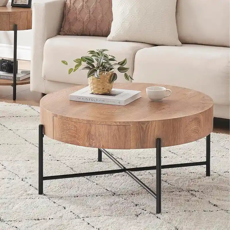 Table basse ronde avec 2 tiroirs et pieds en métal