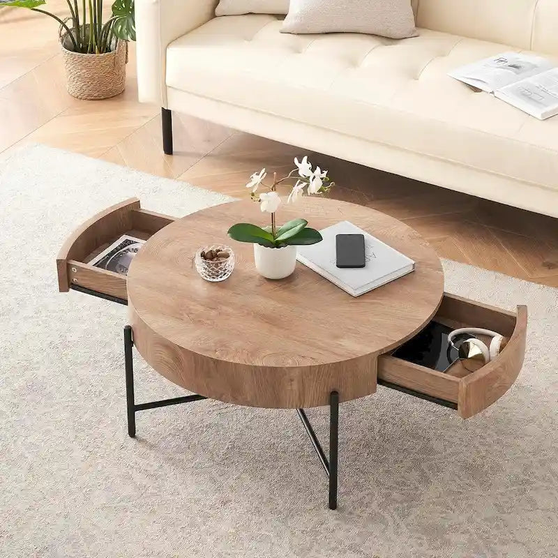 Table basse ronde avec 2 tiroirs et pieds en métal