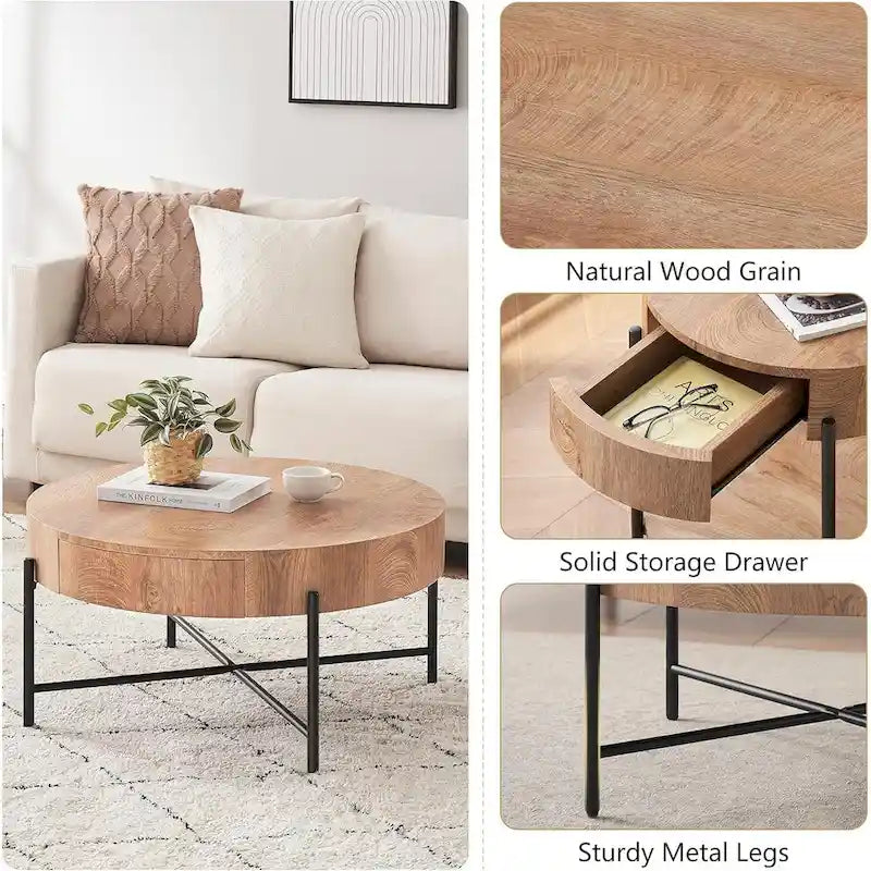 Table basse ronde avec 2 tiroirs et pieds en métal