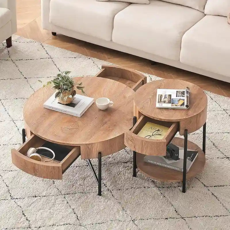 Table basse ronde avec 2 tiroirs et pieds en métal