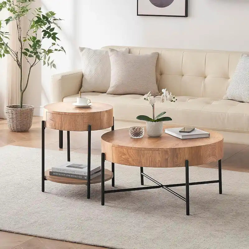 Table basse ronde avec 2 tiroirs et pieds en métal