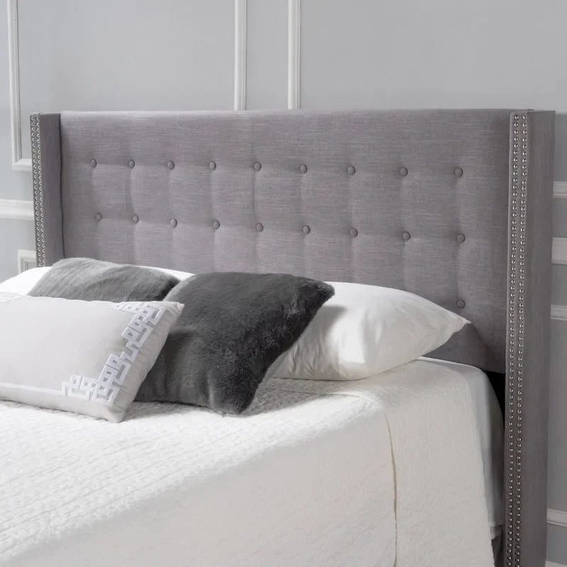 Tête de lit capitonnée en tissu avec ailes, cloutée, réglable, pour grand lit/grand lit deux places
