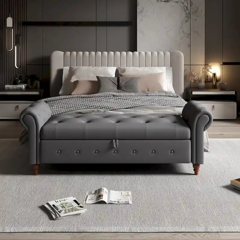Banc de rangement de 160 cm avec accoudoirs roulés et capitonnage à boutons