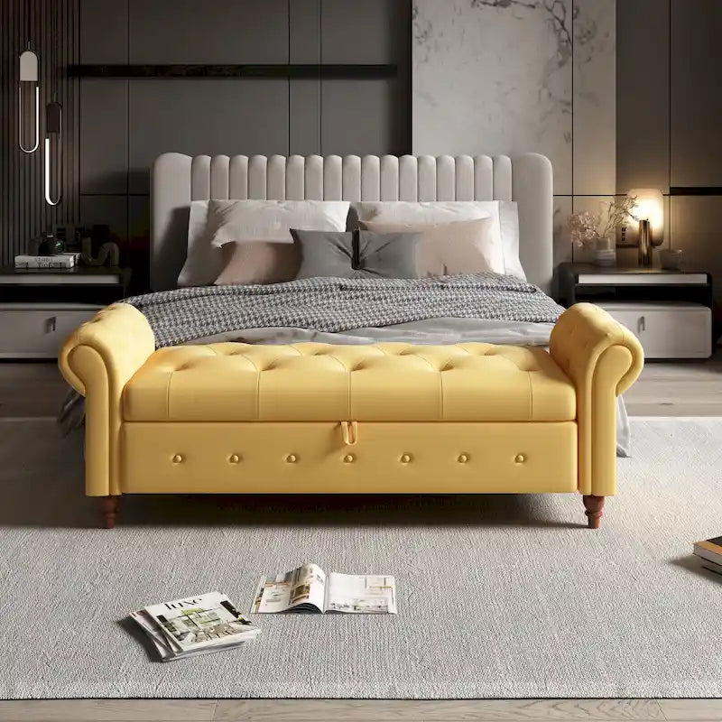 Banc de rangement de 160 cm avec accoudoirs roulés et capitonnage à boutons
