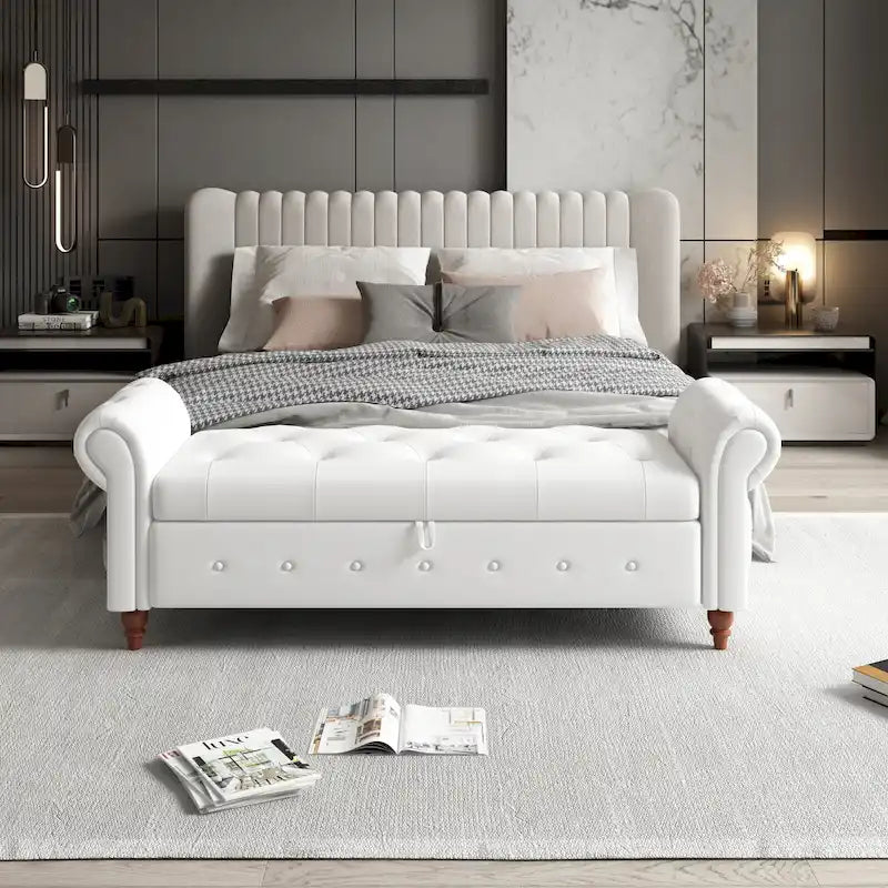 Banc de rangement de 160 cm avec accoudoirs roulés et capitonnage à boutons