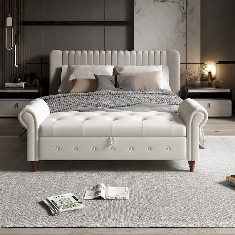Banc de rangement de 160 cm avec accoudoirs roulés et capitonnage à boutons