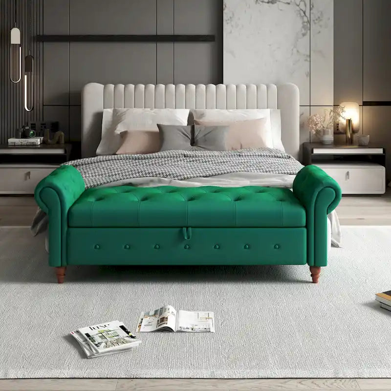Banc de rangement de 160 cm avec accoudoirs roulés et capitonnage à boutons