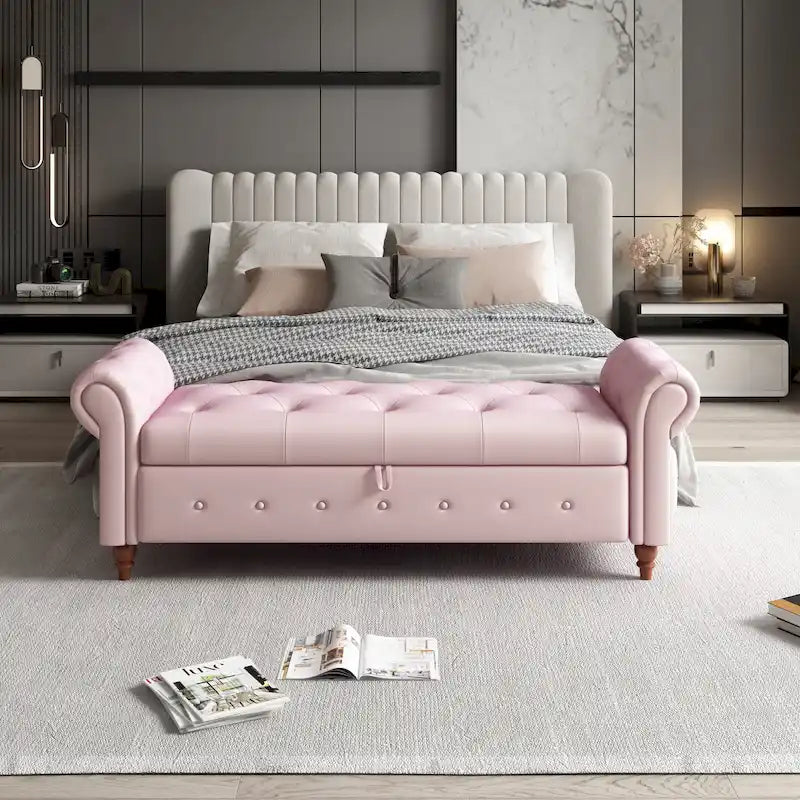 Banc de rangement de 160 cm avec accoudoirs roulés et capitonnage à boutons