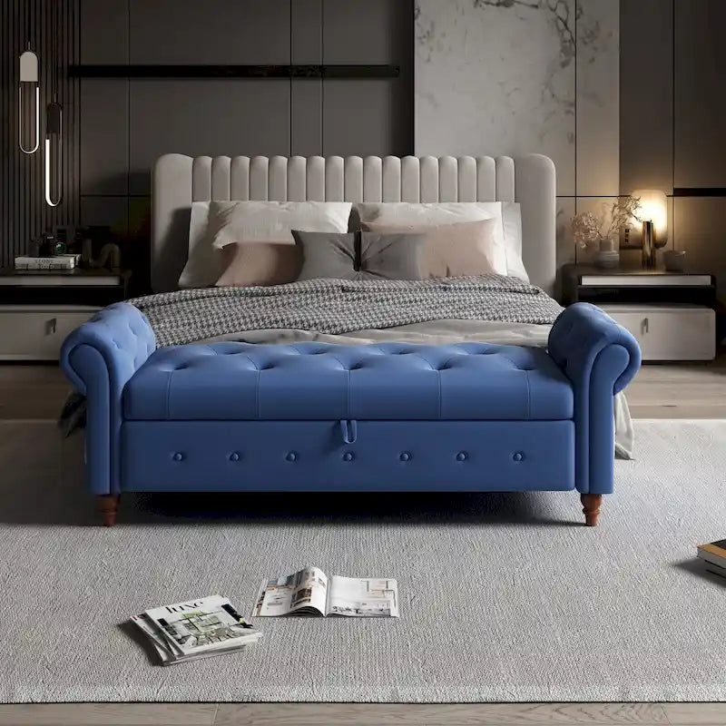 Banc de rangement de 160 cm avec accoudoirs roulés et capitonnage à boutons