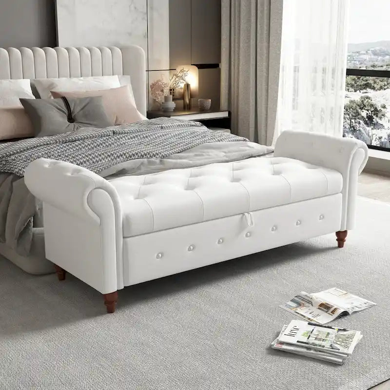 Banc de rangement de 160 cm avec accoudoirs roulés et capitonnage à boutons