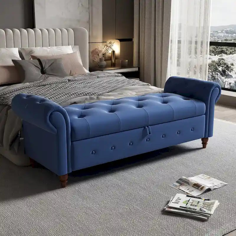 Banc de rangement de 160 cm avec accoudoirs roulés et capitonnage à boutons