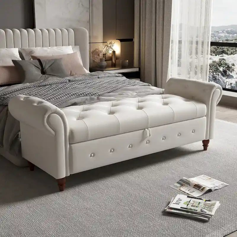 Banc de rangement de 160 cm avec accoudoirs roulés et capitonnage à boutons