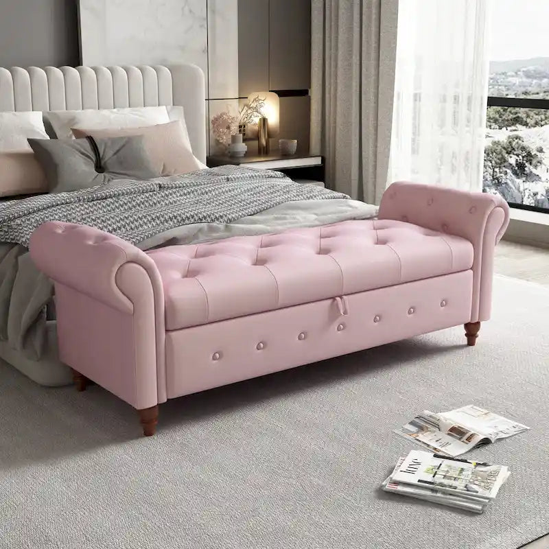 Banc de rangement de 160 cm avec accoudoirs roulés et capitonnage à boutons