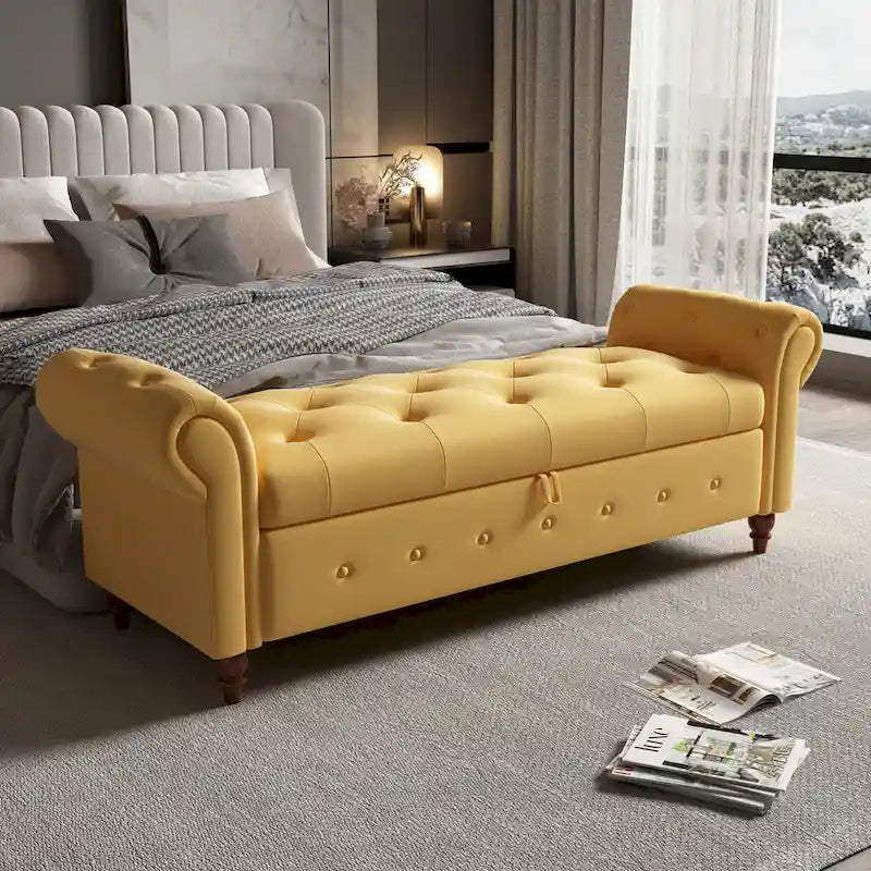 Banc de rangement de 160 cm avec accoudoirs roulés et capitonnage à boutons