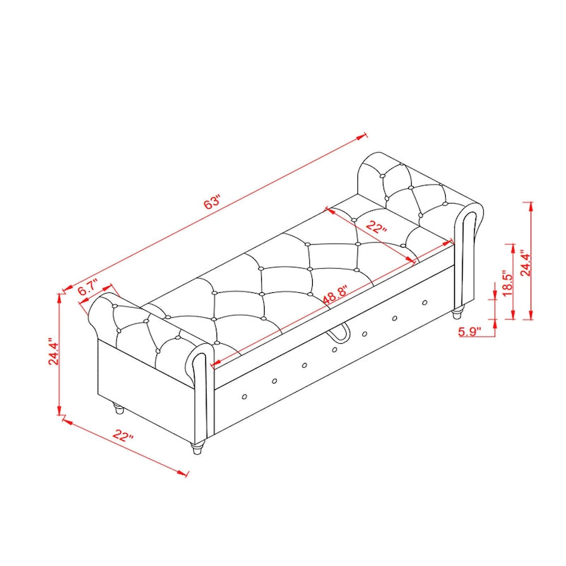 Banc de rangement de 160 cm avec accoudoirs roulés et capitonnage à boutons