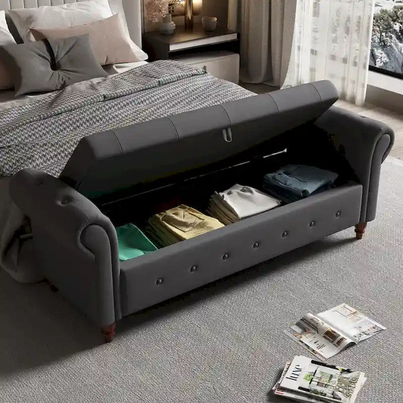 Banc de rangement de 160 cm avec accoudoirs roulés et capitonnage à boutons