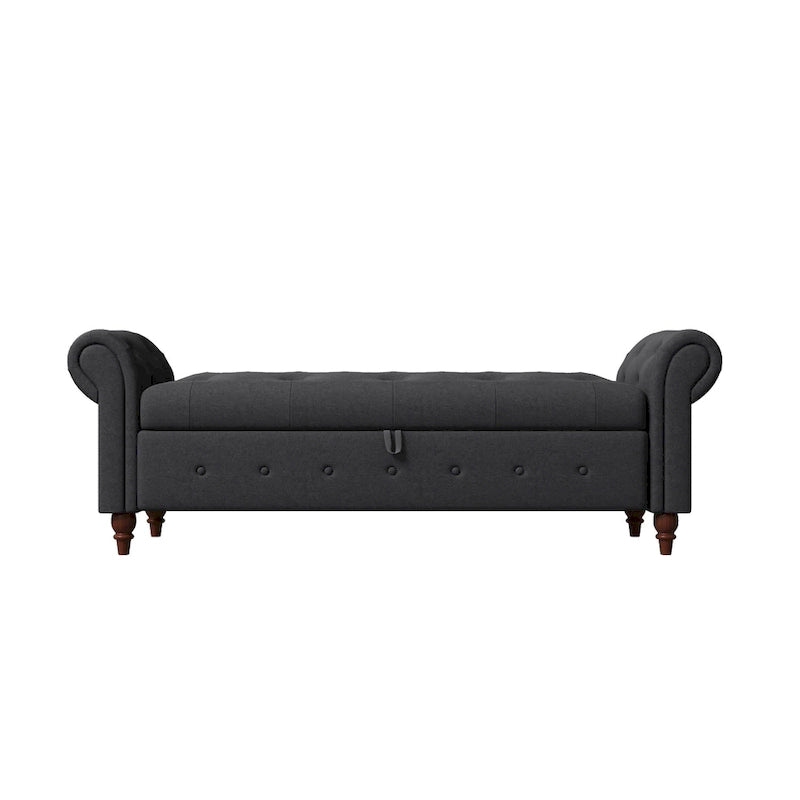 Banc de rangement de 160 cm avec accoudoirs roulés et capitonnage à boutons