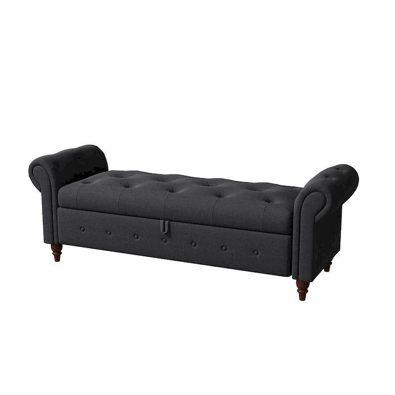 Banc de rangement de 160 cm avec accoudoirs roulés et capitonnage à boutons