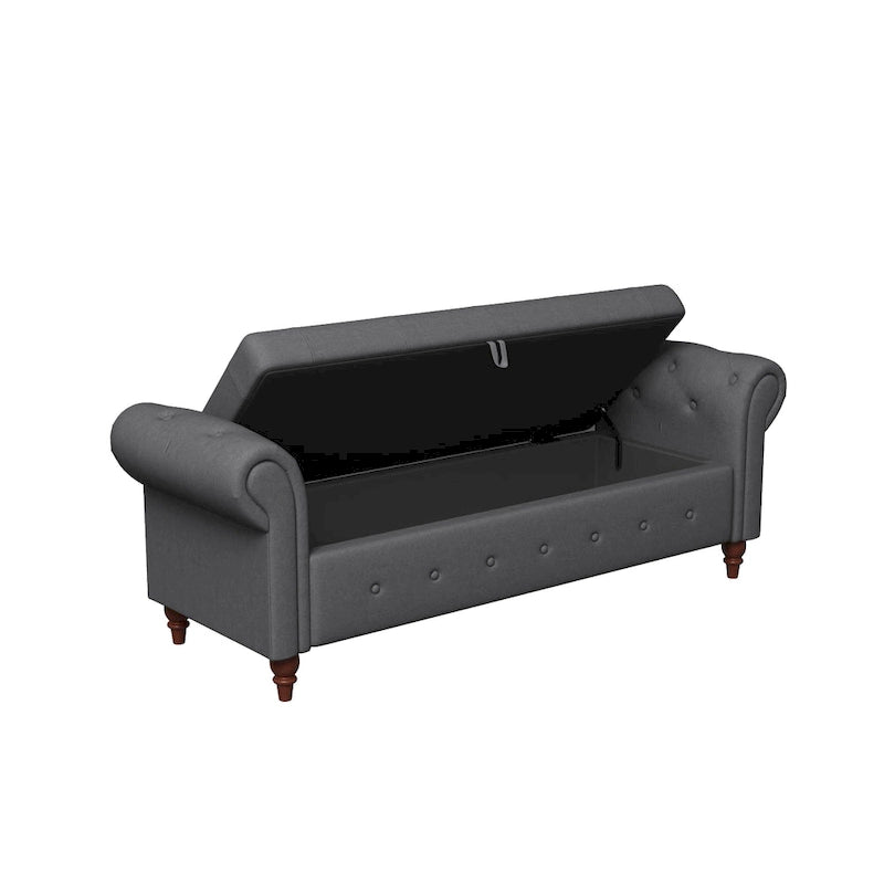 Banc de rangement de 160 cm avec accoudoirs roulés et capitonnage à boutons