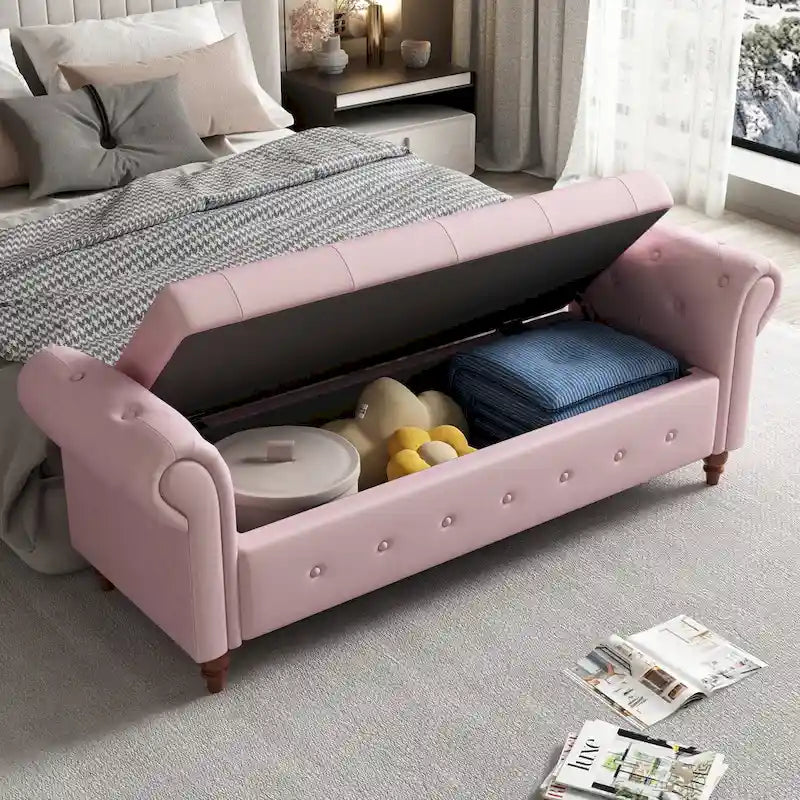 Banc de rangement de 160 cm avec accoudoirs roulés et capitonnage à boutons