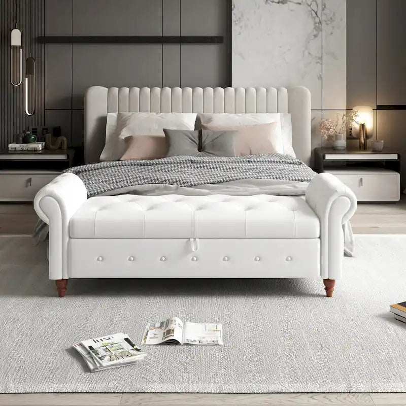 Banc de rangement de 160 cm avec accoudoirs roulés et capitonnage à boutons