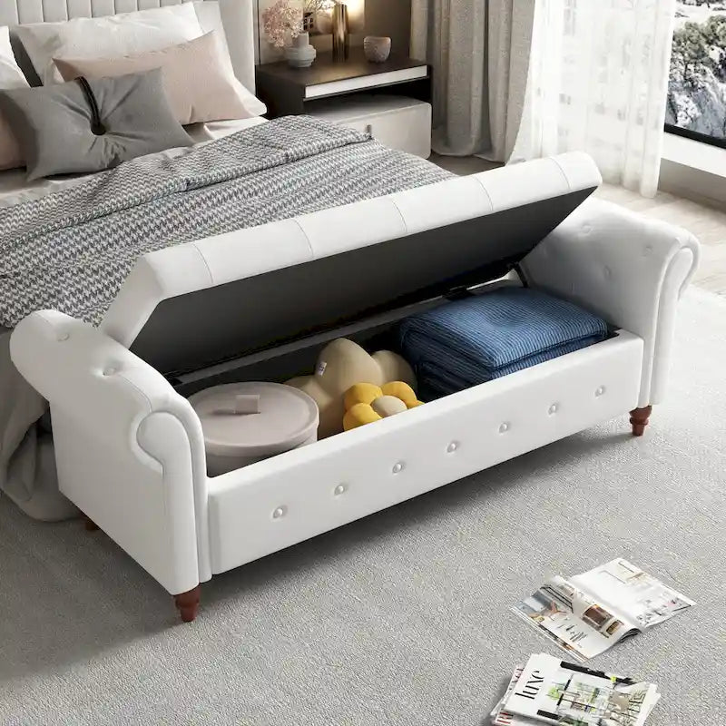 Banc de rangement de 160 cm avec accoudoirs roulés et capitonnage à boutons