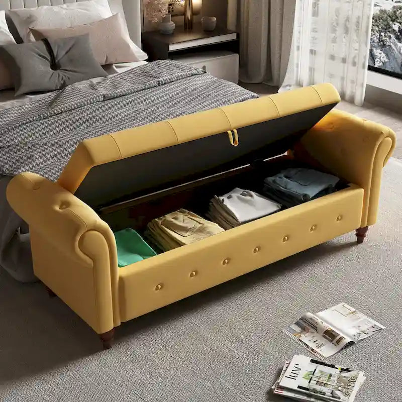 Banc de rangement de 160 cm avec accoudoirs roulés et capitonnage à boutons
