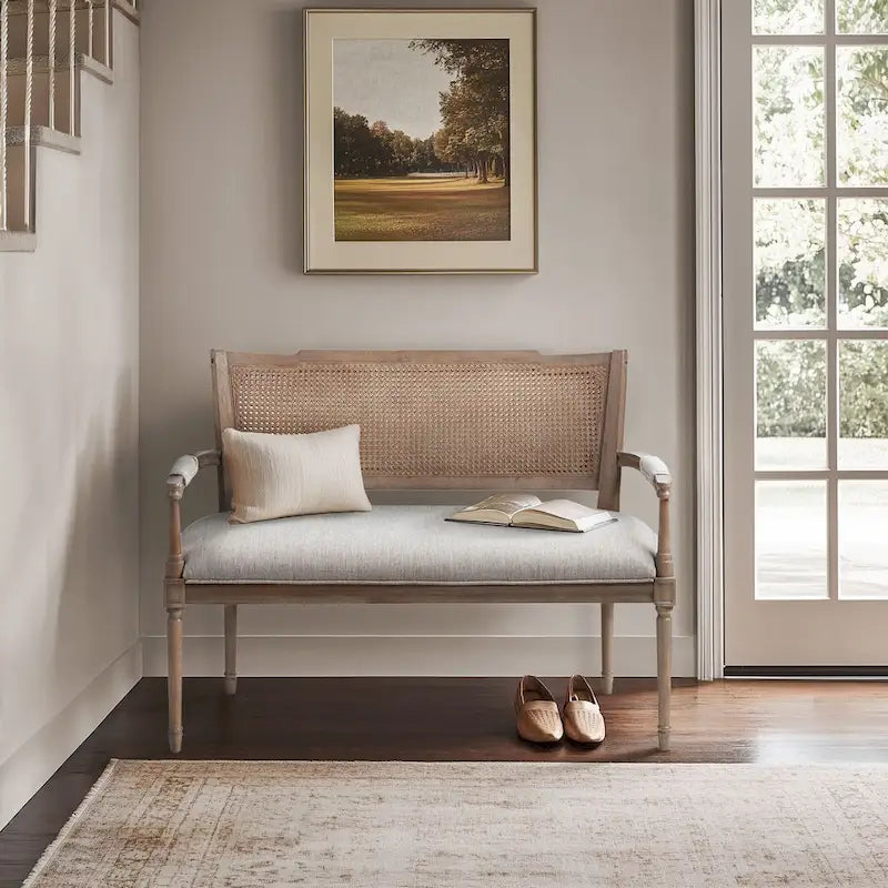 Causeuse en rotin beige avec cadre en bois massif