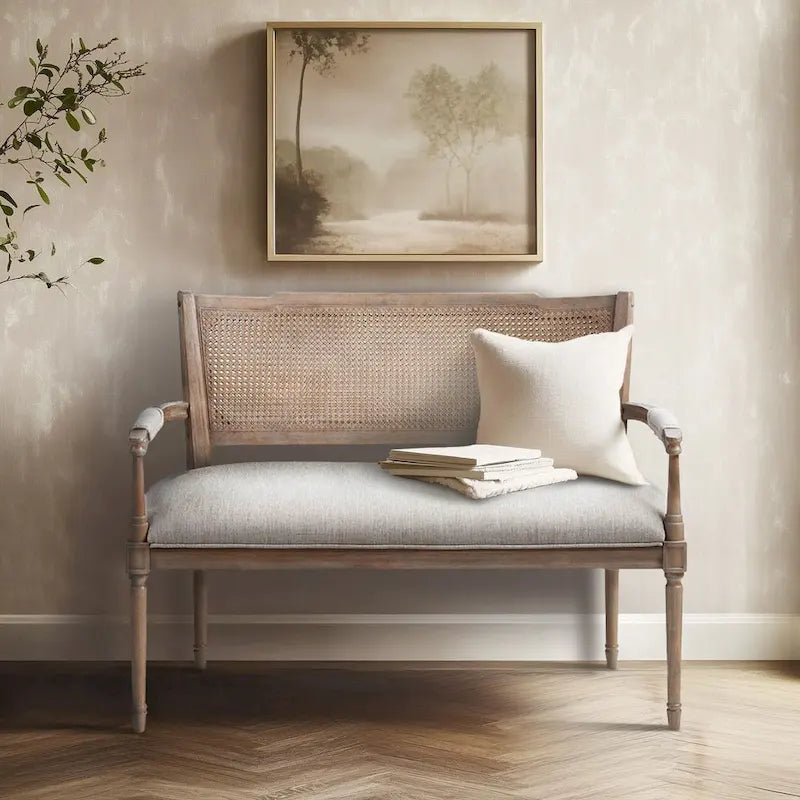 Causeuse en rotin beige avec cadre en bois massif