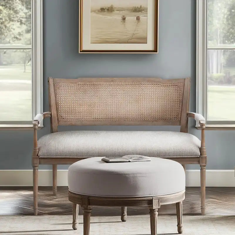 Causeuse en rotin beige avec cadre en bois massif