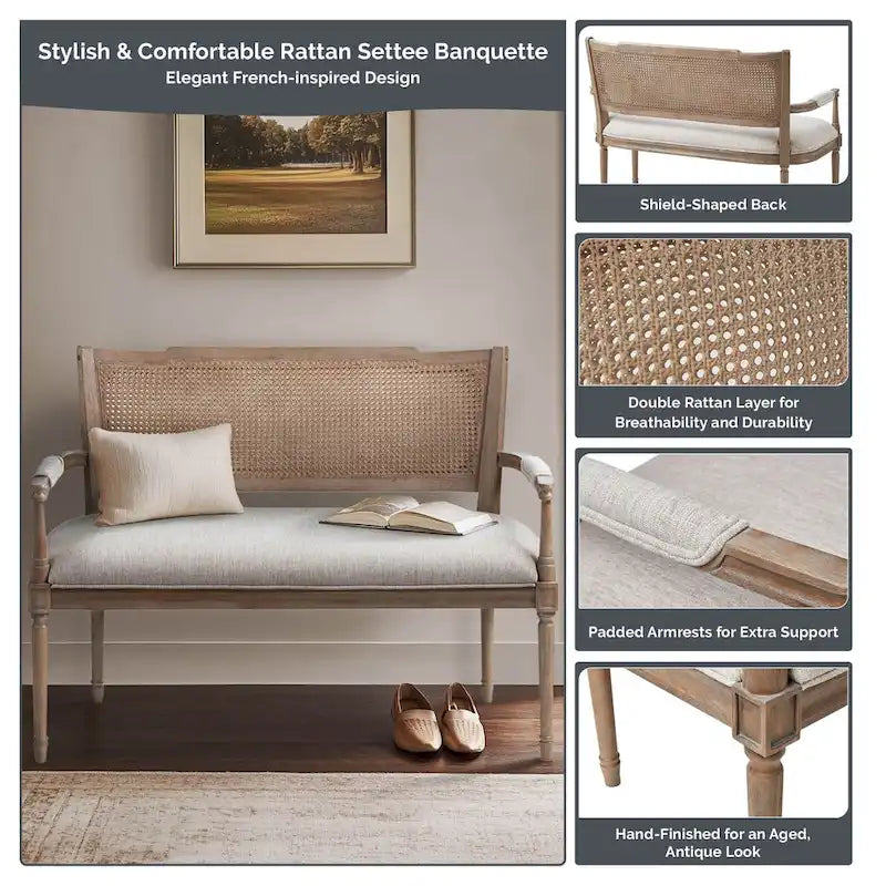 Causeuse en rotin beige avec cadre en bois massif
