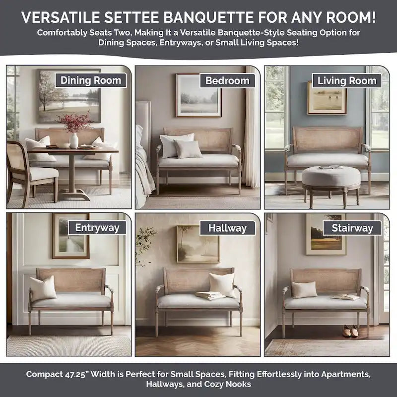 Causeuse en rotin beige avec cadre en bois massif