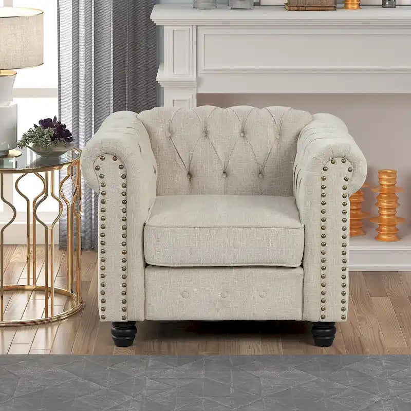 Fauteuil Chesterfield capitonné avec rivets décoratifs et pieds en bois massif
