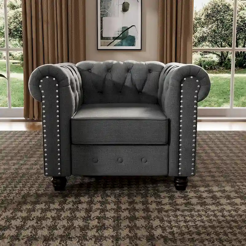 Fauteuil Chesterfield capitonné avec rivets décoratifs et pieds en bois massif