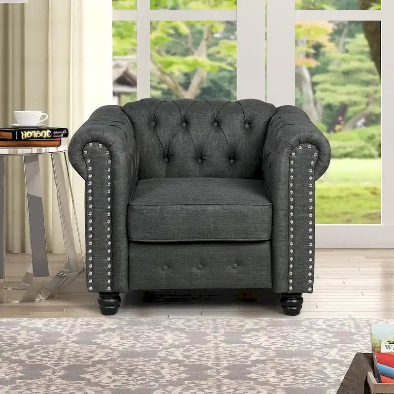 Fauteuil Chesterfield capitonné avec rivets décoratifs et pieds en bois massif